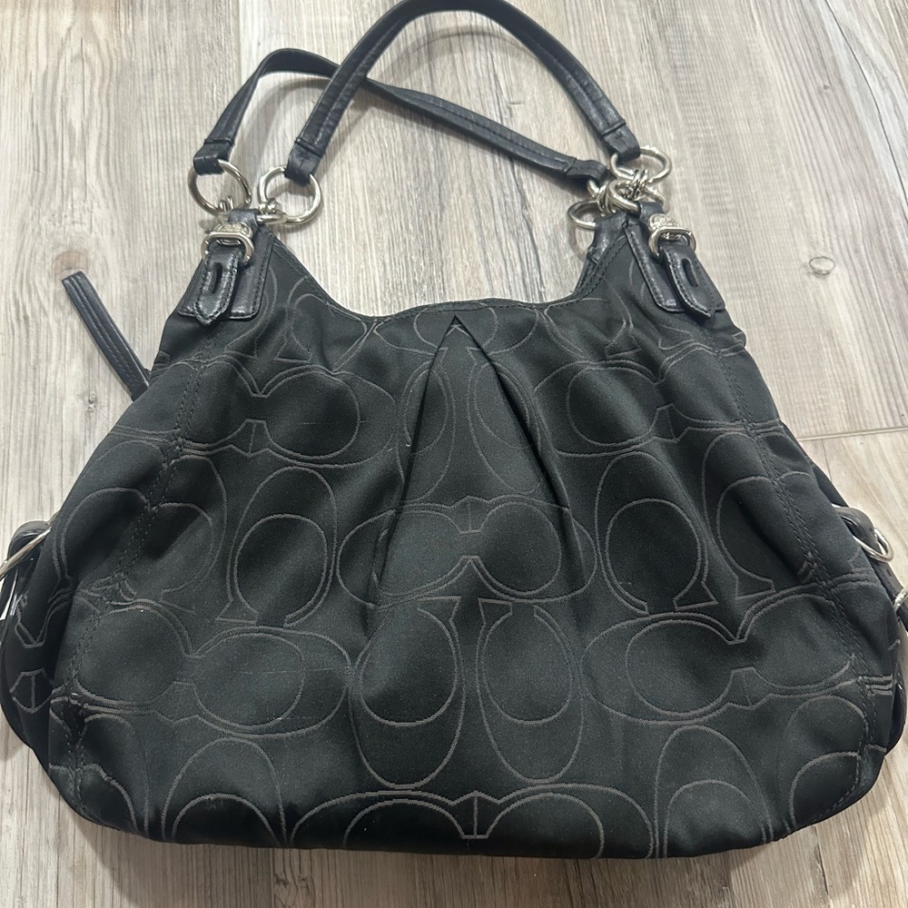 Coach Purse Black Sateen Signature Logo Maggie Mia 16153 Hobo Shoulder Bag Boho